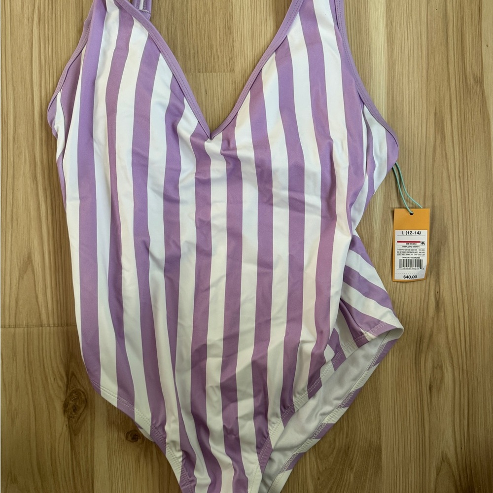 Kona Sol Purple and White Striped Swimsuit